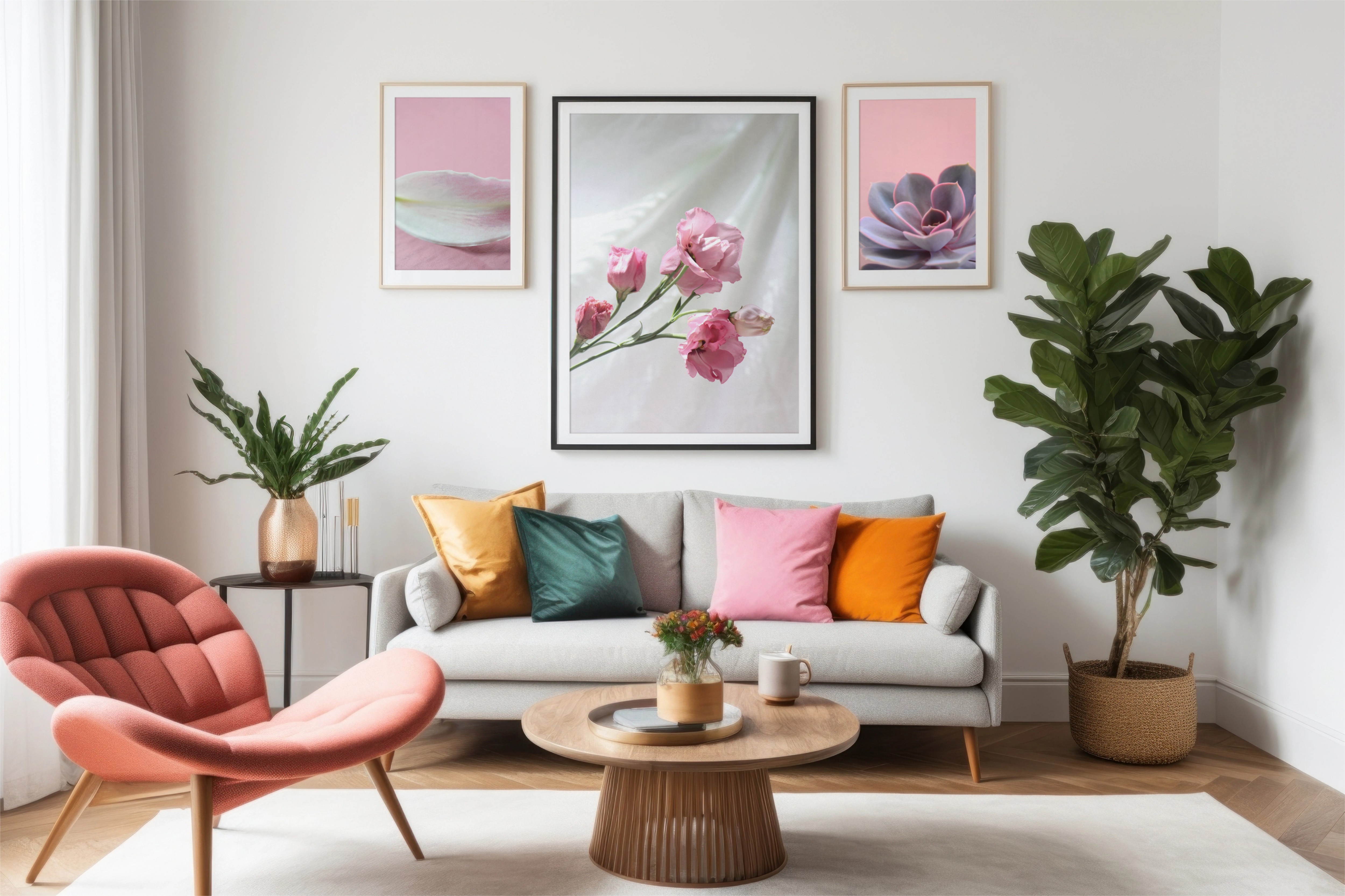 Living room interior with a curated gallery wall of pink botanical prints above a grey sofa